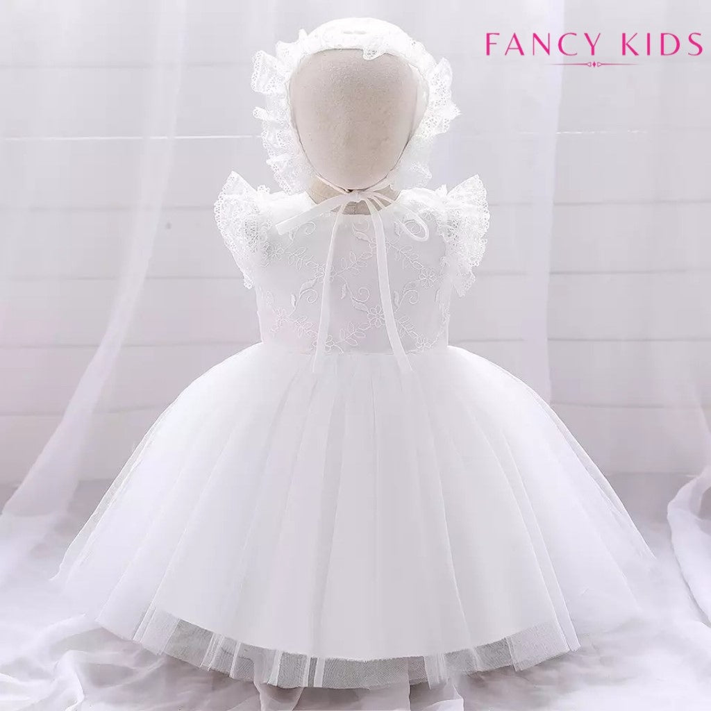 Embroidered white baptism dress with bonnet