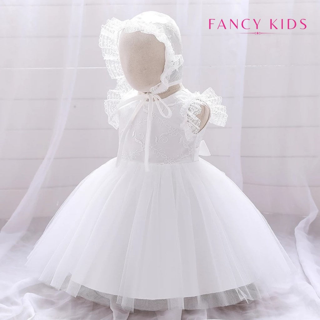 Embroidered white baptism dress with bonnet